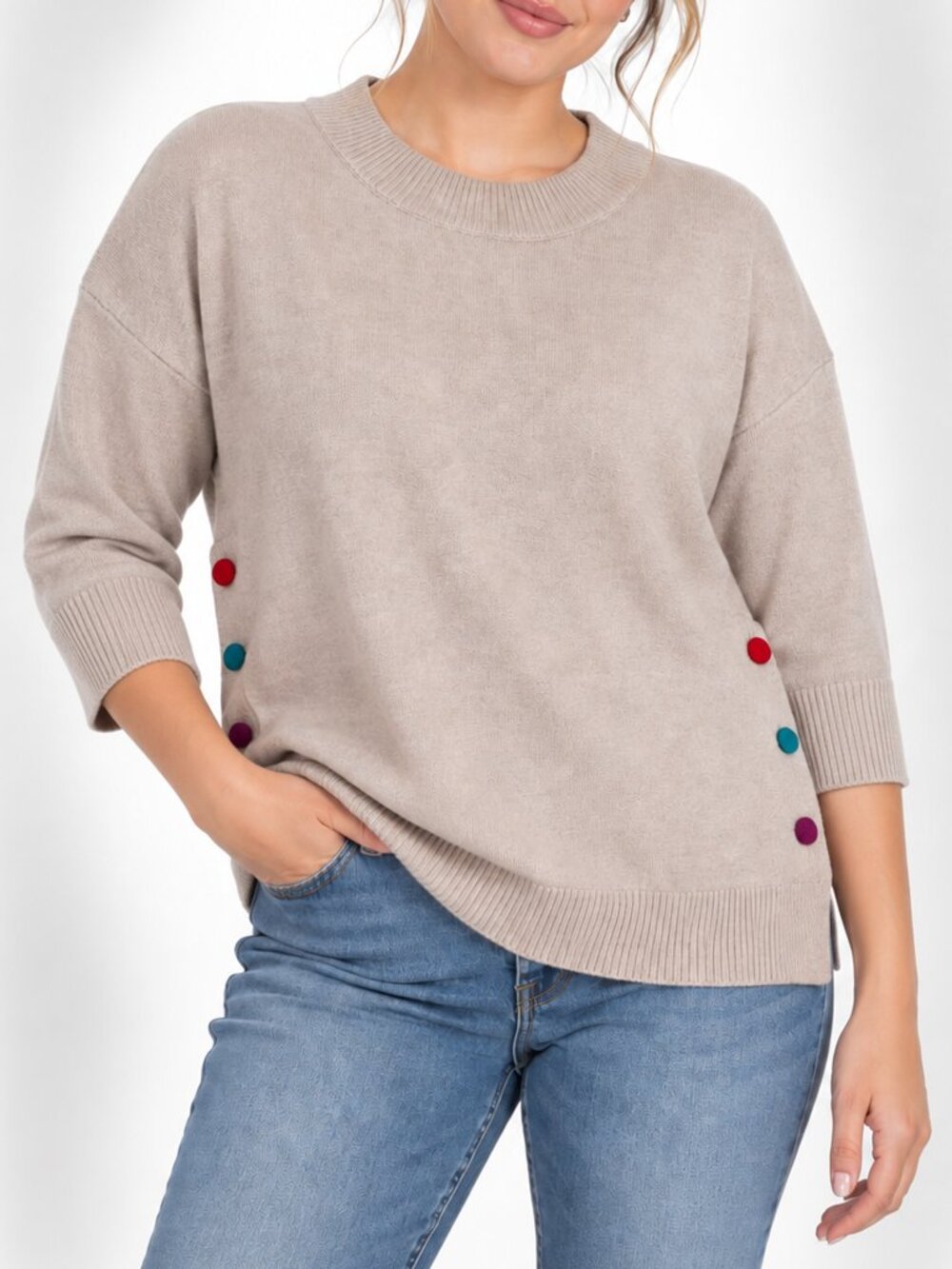 Philosophy Woman Beige Knit Sweater 2X Colorful Side Buttons NWT